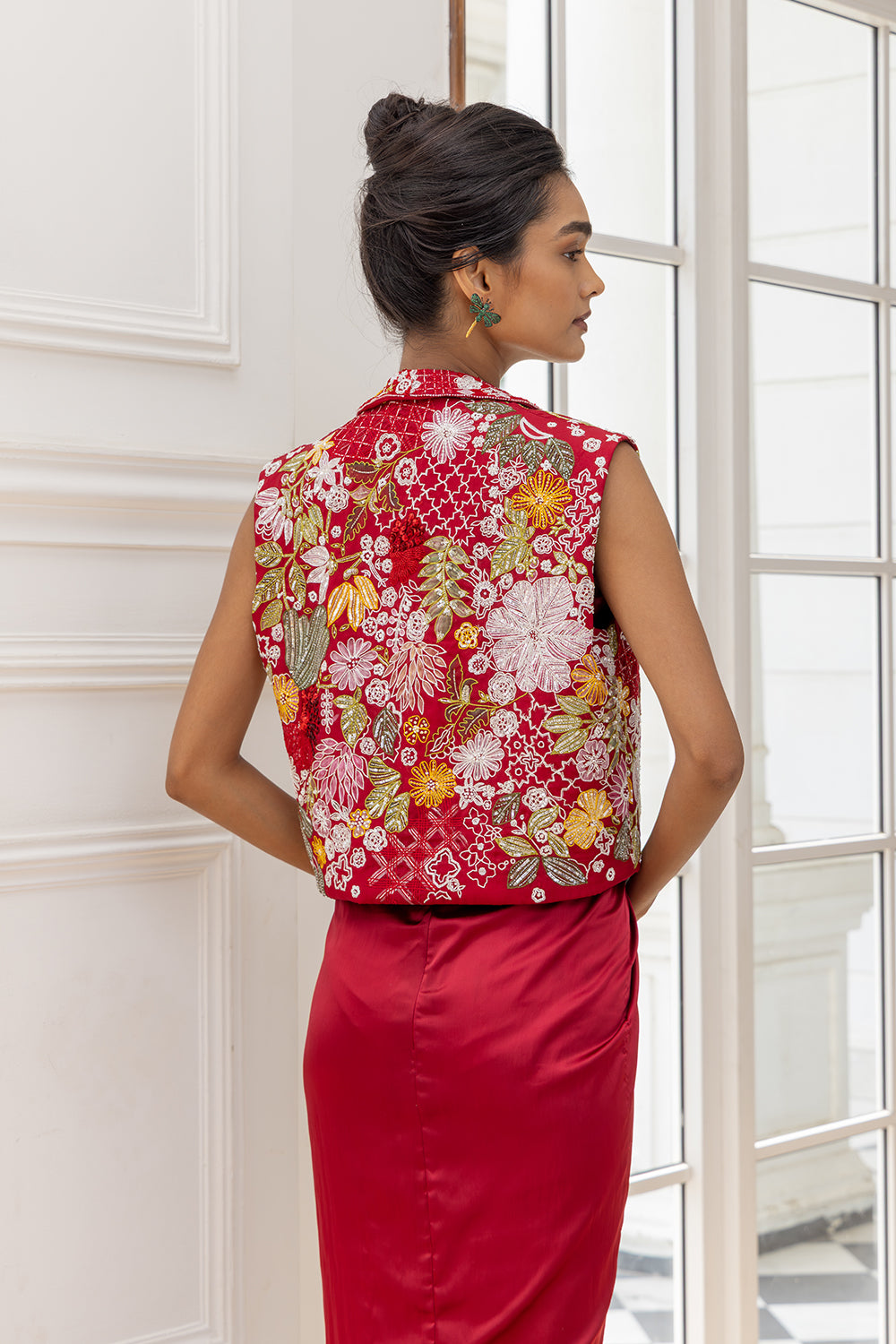 Thessaly Red Bulero Embroidered Jacket and Draped Dress