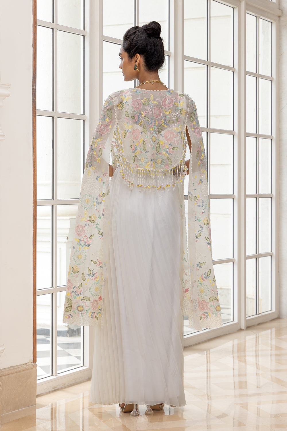 Ophelia White Hand Painted Jacket with Plain Pleated Skirt and Matching Blouse