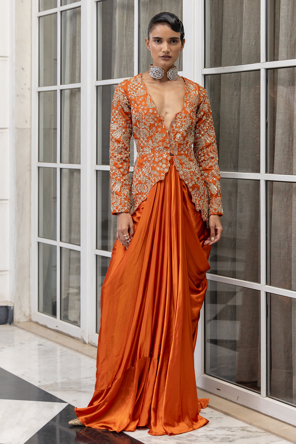 Ravelle Rust Embroidered Full Sleeved Jacket with Draped Skirt Ravelle Rust Embroidered Full Sleeved Jacket with Draped Skirt