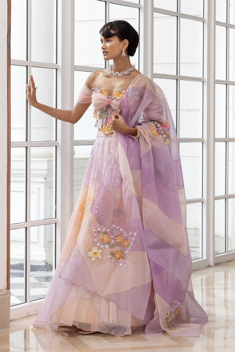 Calista Floral Multicoloured 3D Applique Off Shoulder Blouse, with Handpainted Skirt and matching dupatta