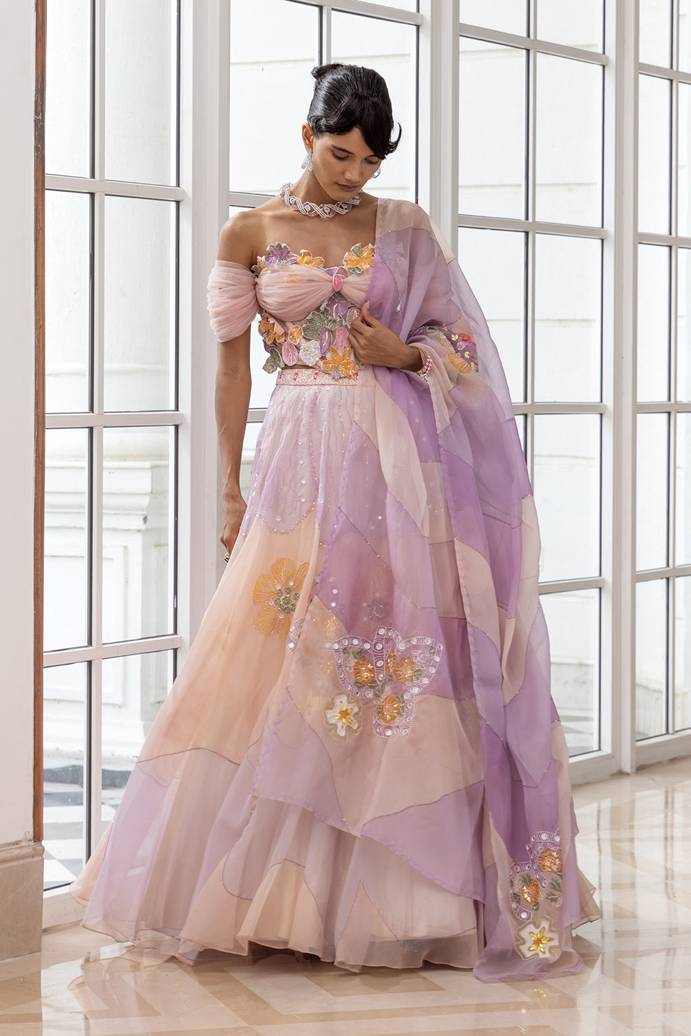 Calista Floral Multicoloured 3D Applique Off Shoulder Blouse, with Handpainted Skirt and matching dupatta