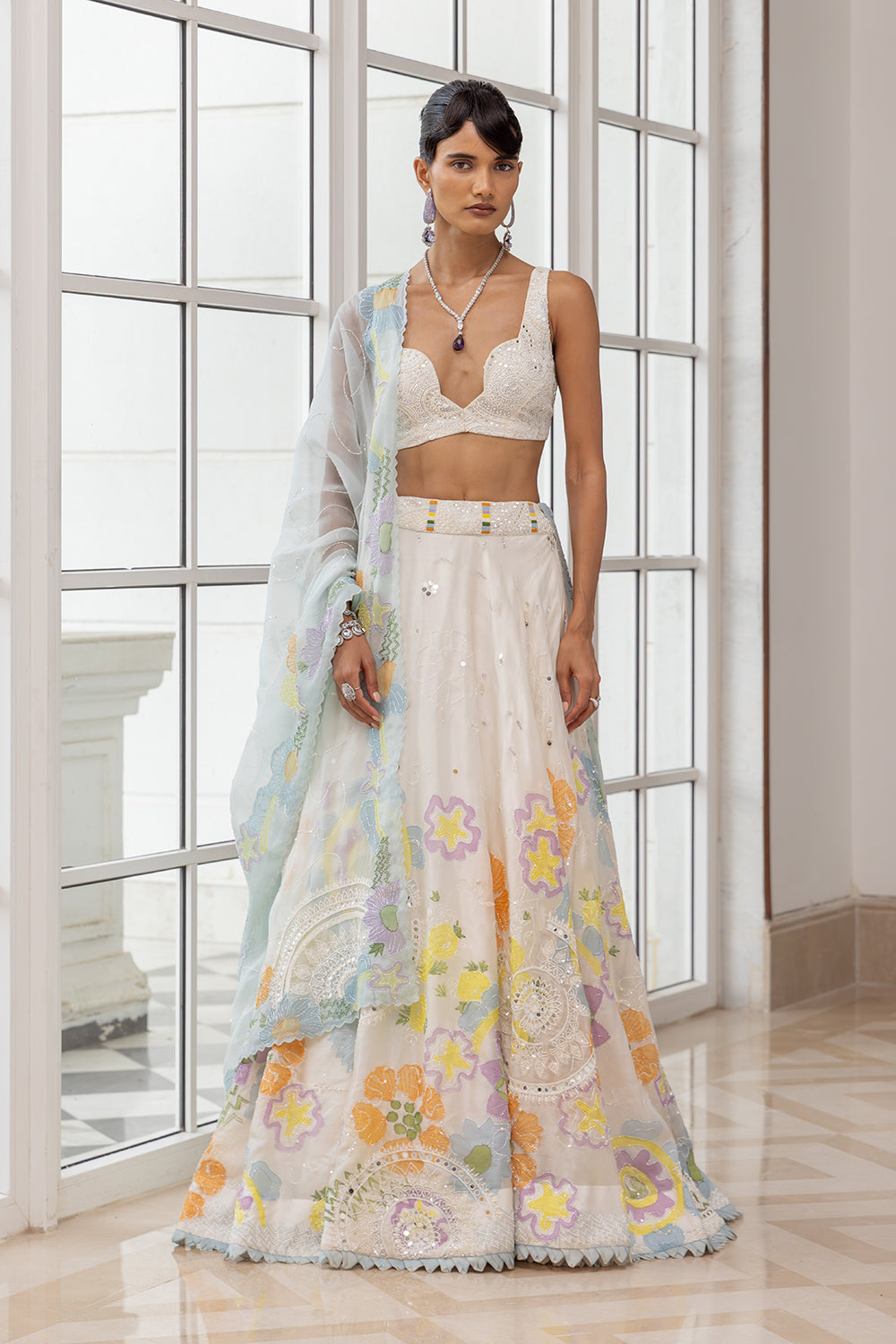 Mehira Hand Painted Blue-White Mandala Lehenga with Matching Blouse and Dupatta