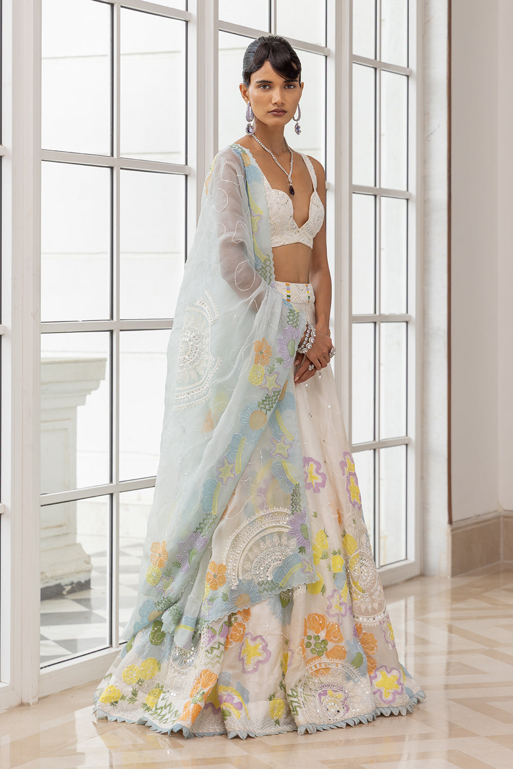 Mehira Hand Painted Blue-White Mandala Lehenga with Matching Blouse and Dupatta