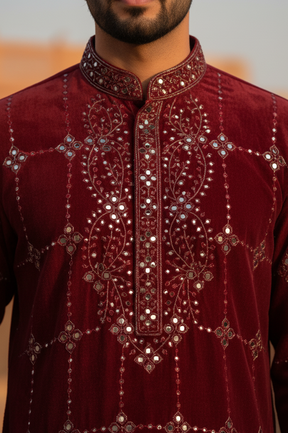Maroon Mirrorwork Kurta Set