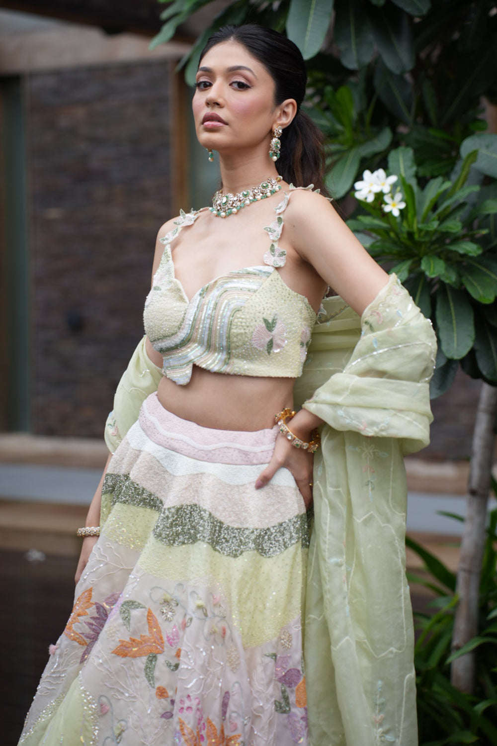 Mint Green Satin Organza Lehenga with Blouse and Dupatta