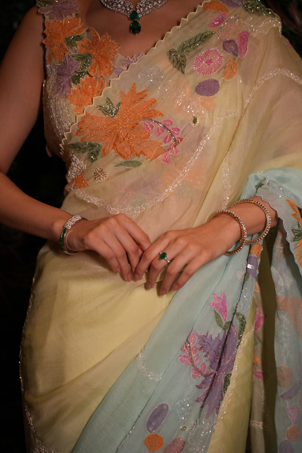 Mint Green to Sea Green Organza Saree with Blouse