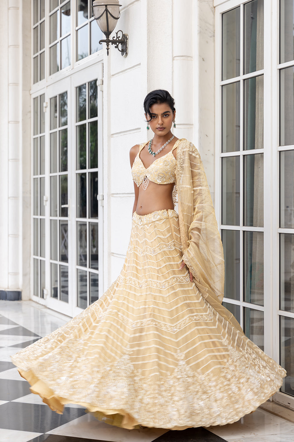 Altheris Cream Lines and Florals Embroidered Lehenga Set