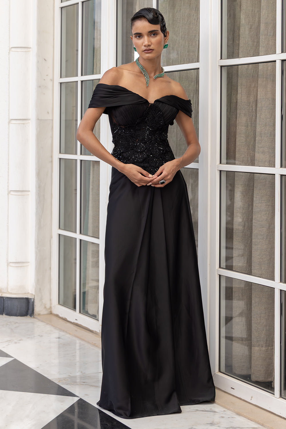 aveline off the shoulder dress Aveline Black Draped Skirt with 3D Embroidered Corset