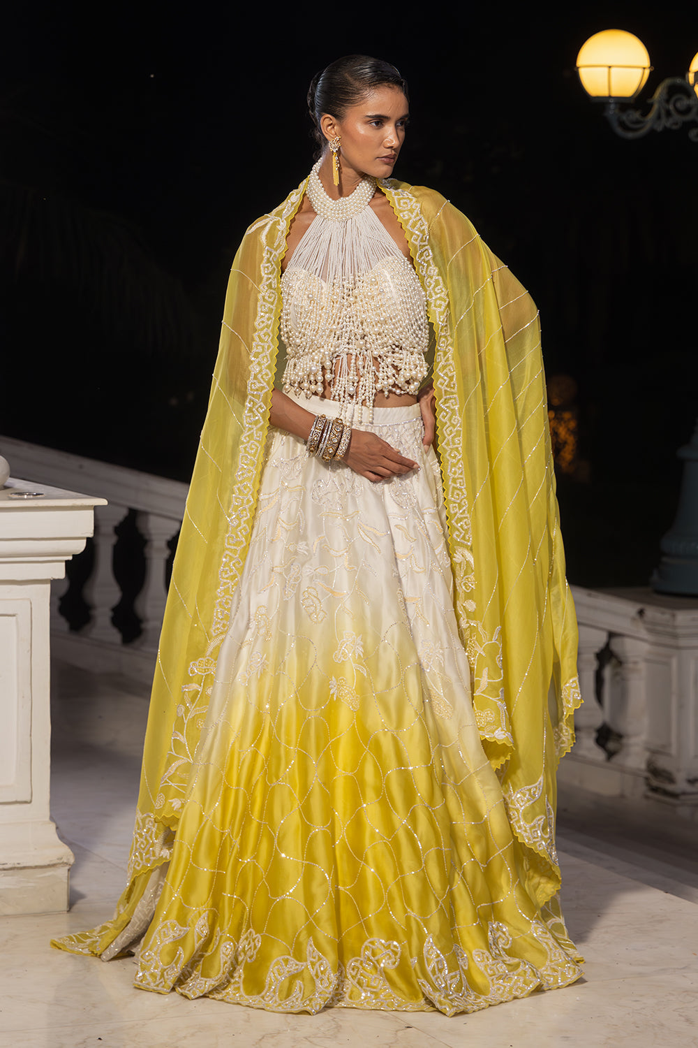 Yellow pearlwork lehenga set