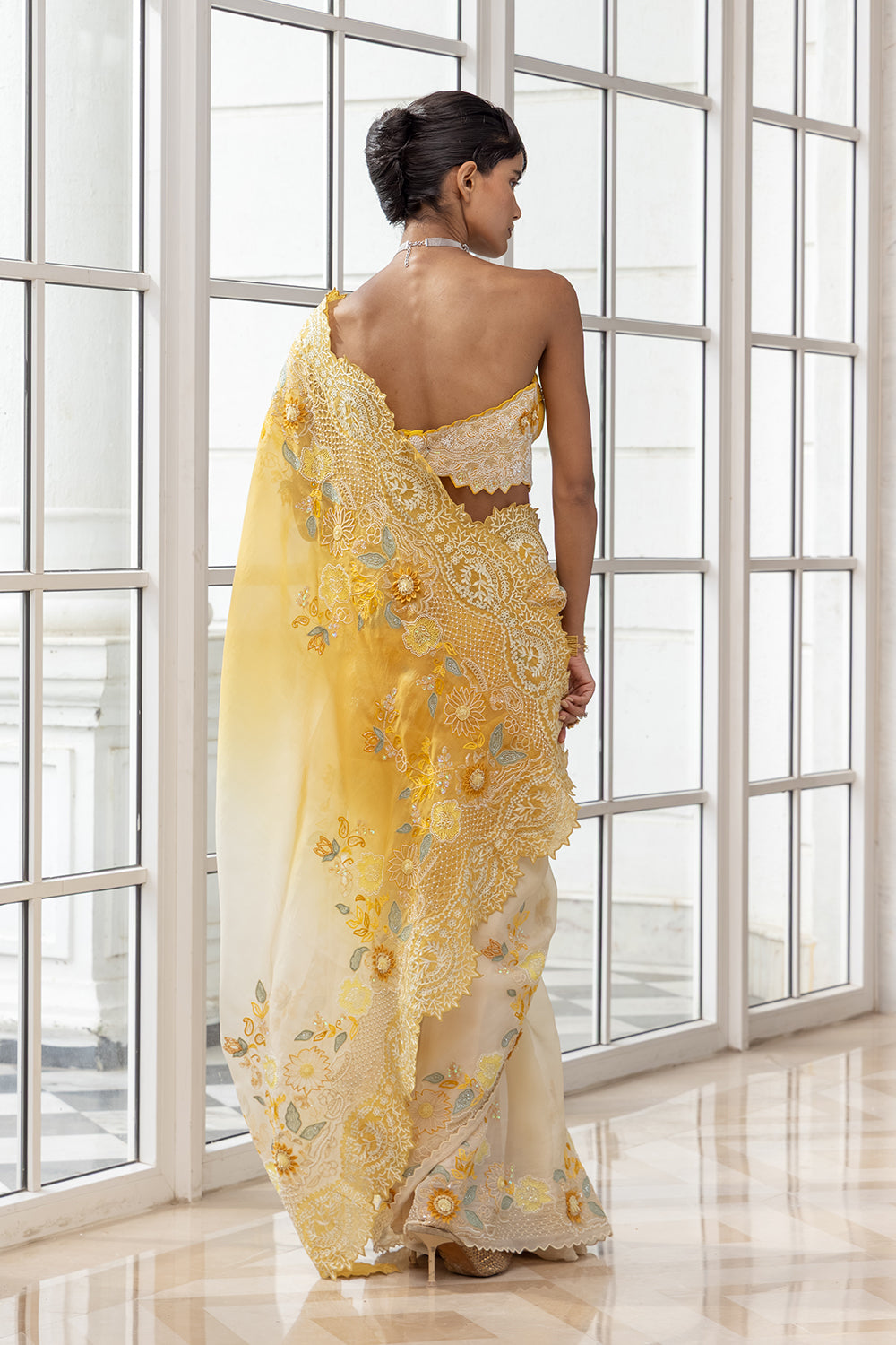 Heliane Mustard-Cream Embroidered Draped Saree with Strapless Blouse