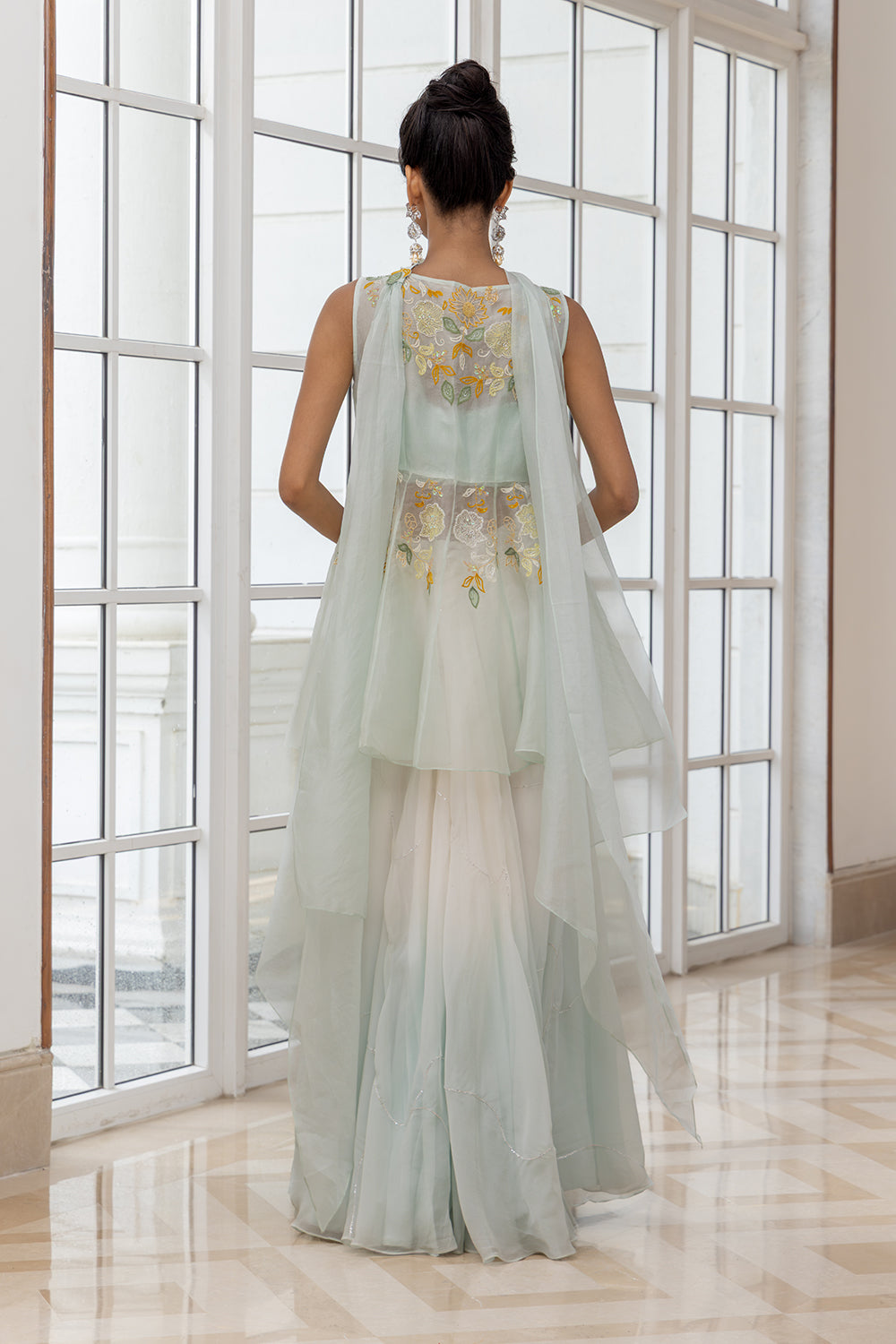 Alarice Blue Embroidered Peplum Jacket with Ruched Blouse and Flared Pants