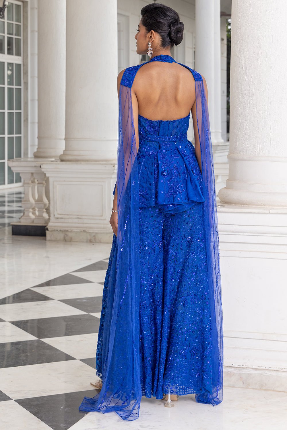 Saphyra Electric Blue Sharara and Halter Neck Peplum with Dupatta