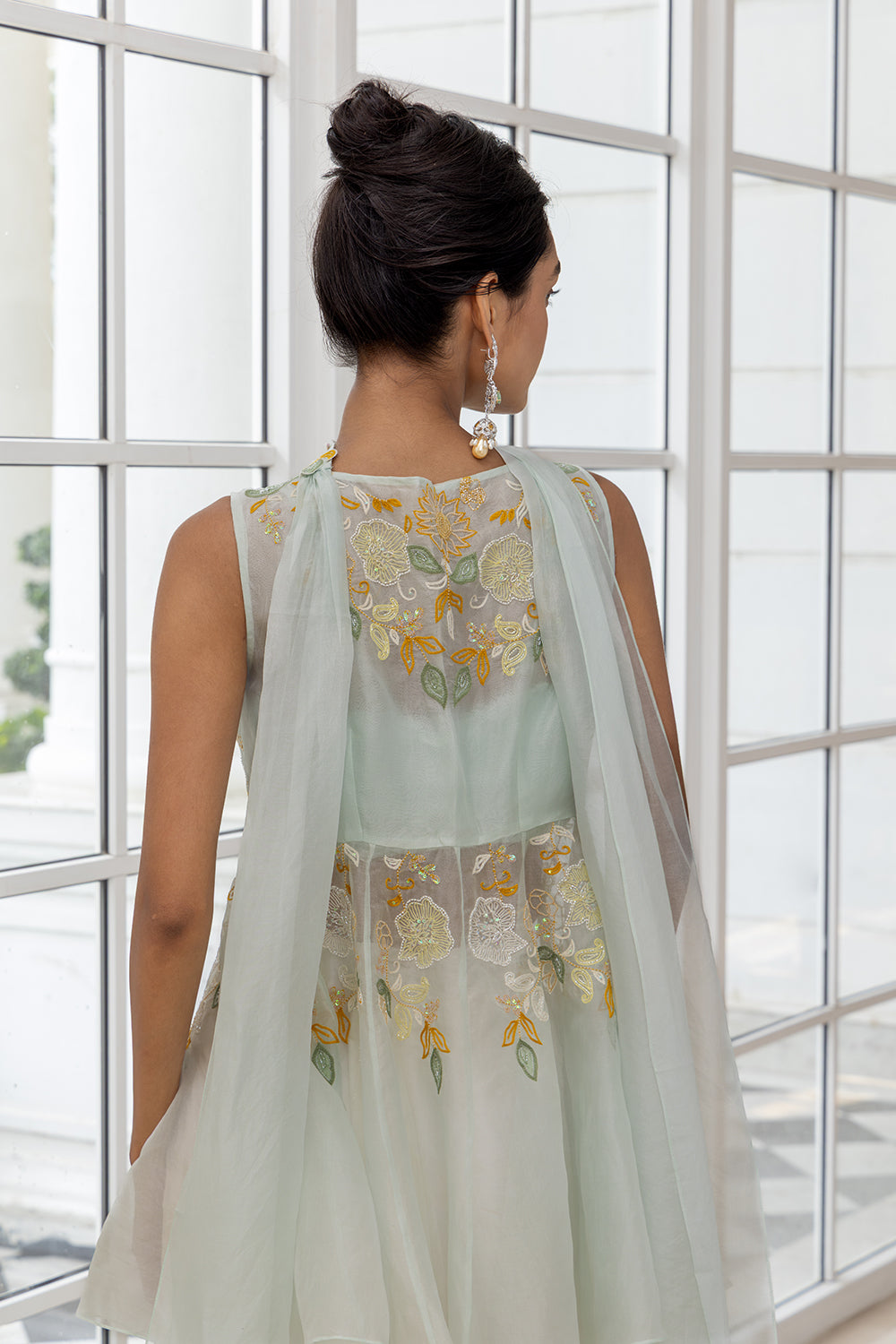 Alarice Blue Embroidered Peplum Jacket with Ruched Blouse and Flared Pants