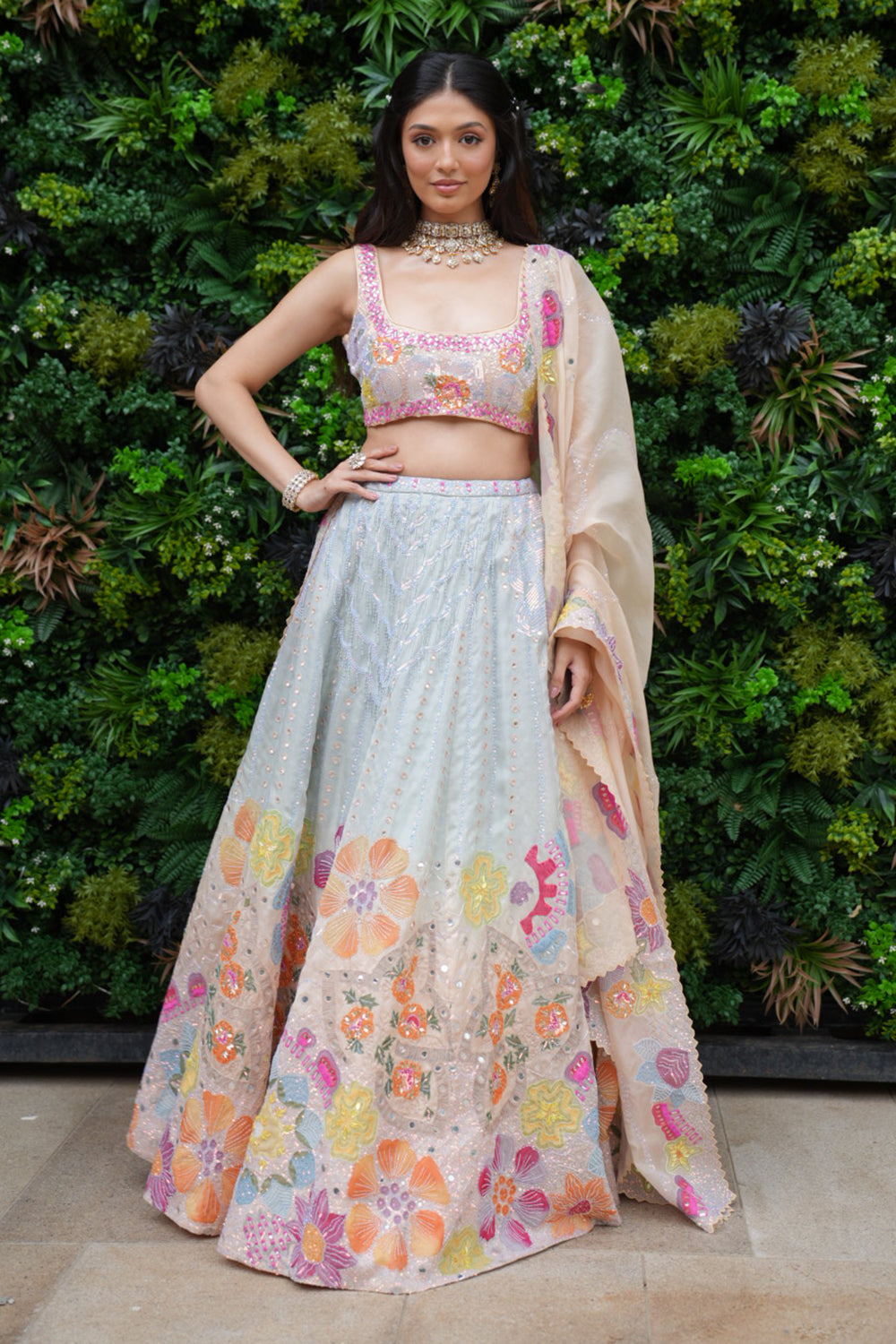 Sky Blue to Peach Satin Organza Lehenga with Blouse and Dupatta