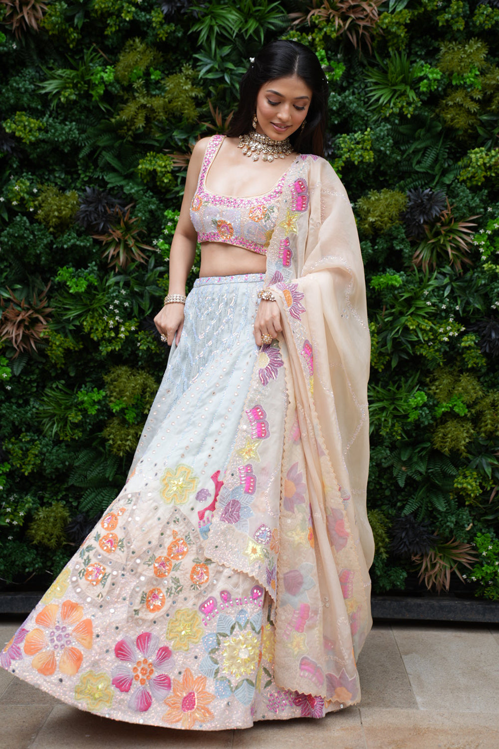 Sky Blue to Peach Satin Organza Lehenga with Blouse and Dupatta
