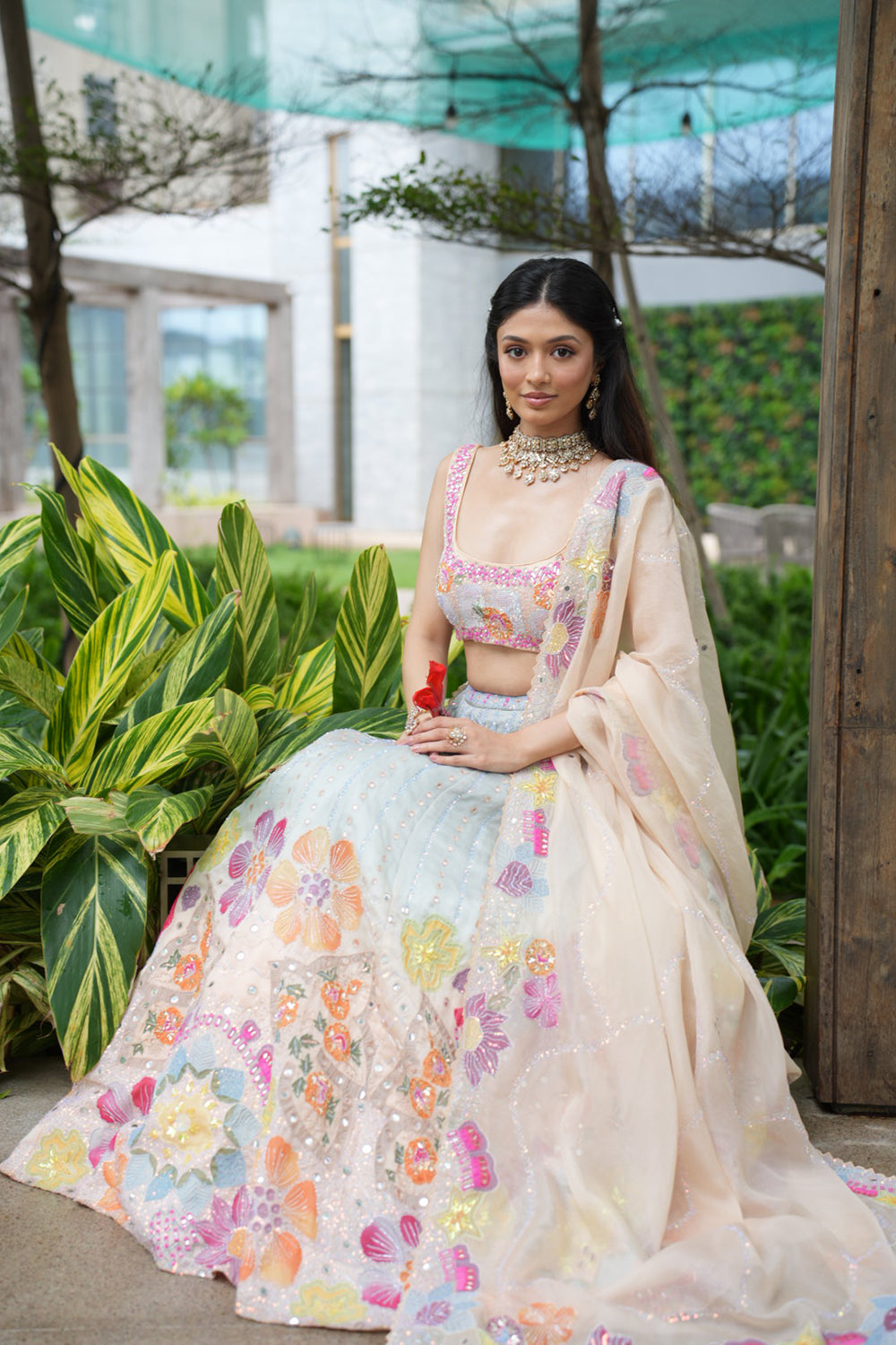 Sky Blue to Peach Satin Organza Lehenga with Blouse and Dupatta