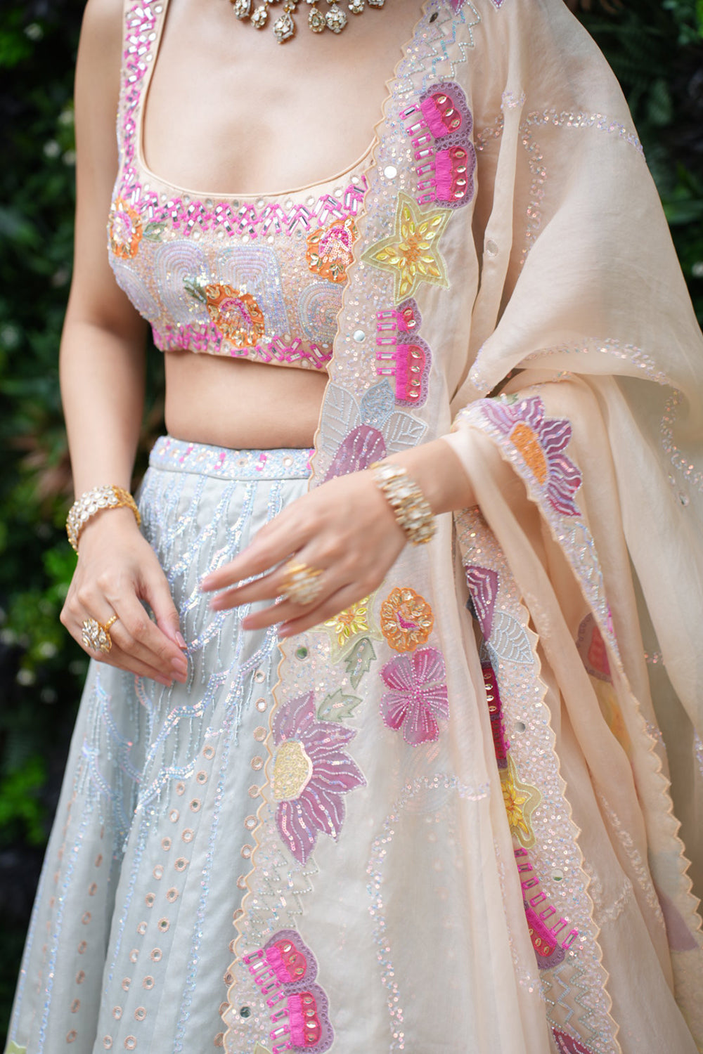 Sky Blue to Peach Satin Organza Lehenga with Blouse and Dupatta