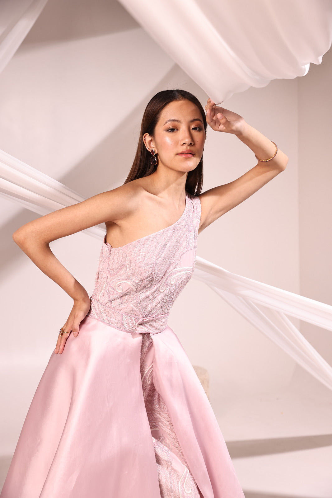 Blushing Lilac One Shoulder fitted Crepe Gown With Satin Organza Waist