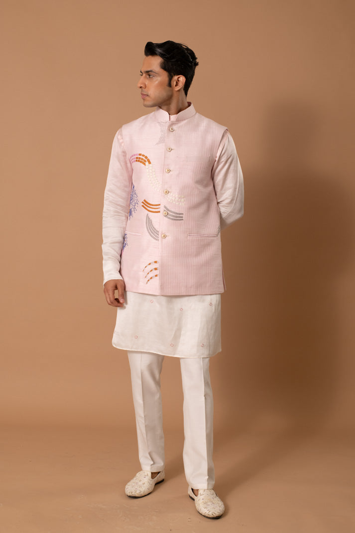 Ivory & Pastel Pink Bundi and Kurta Set