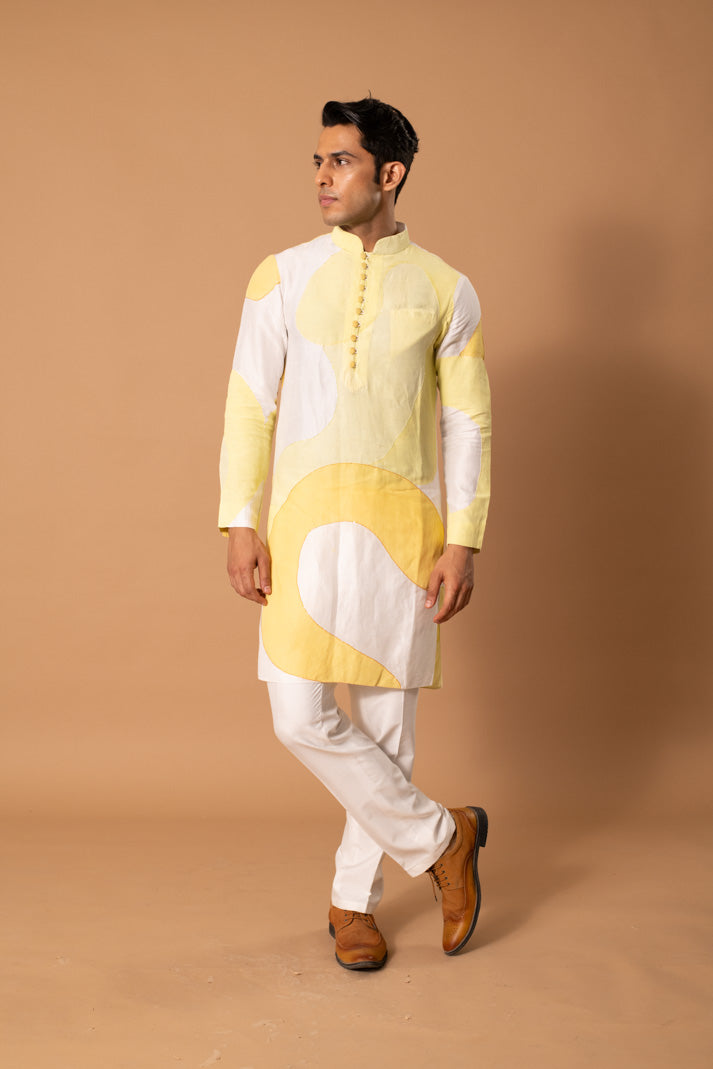 White & Yellow Handpainted Kurta