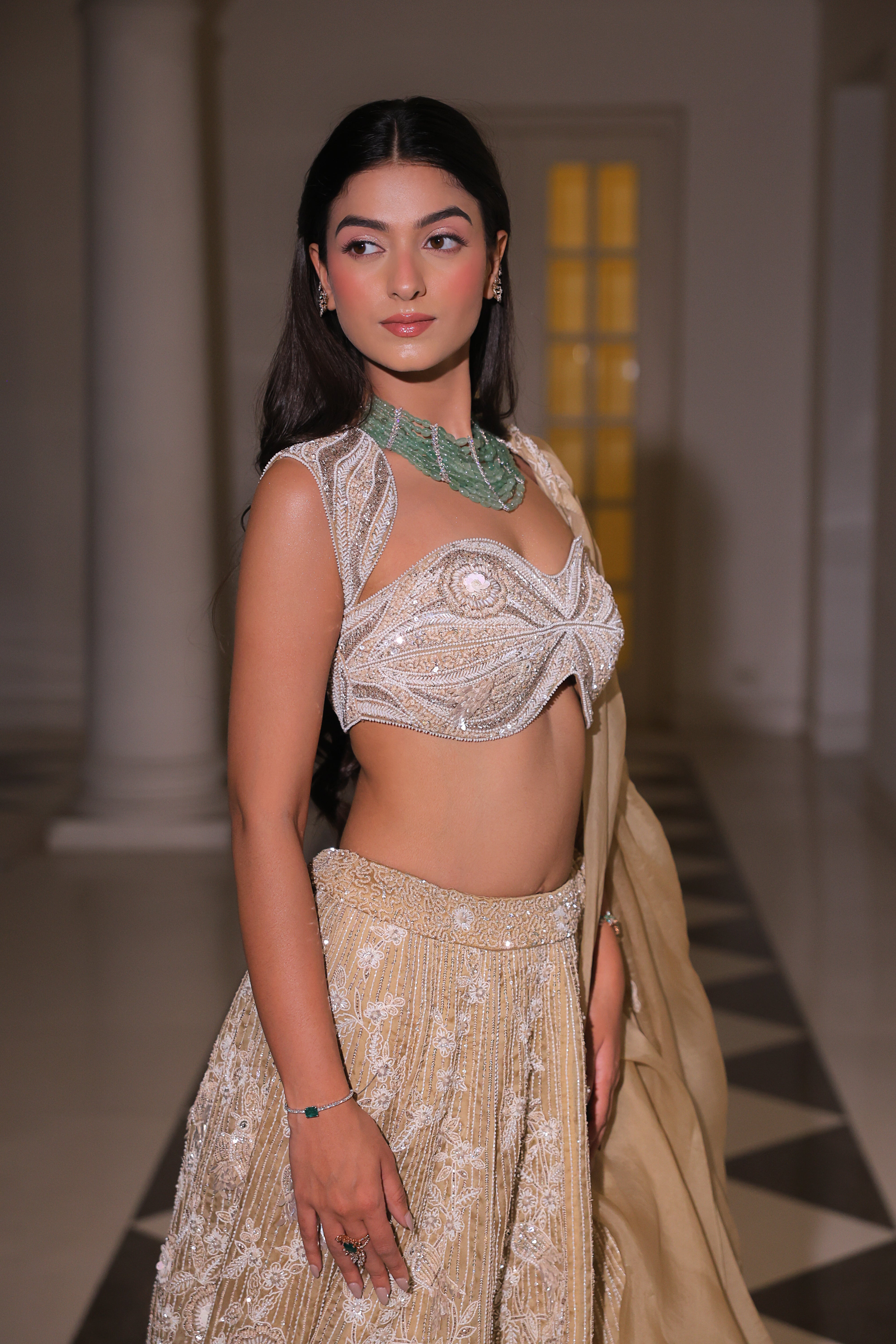 Champagne gold floral embroidered lehenga skirt — House of Armuse