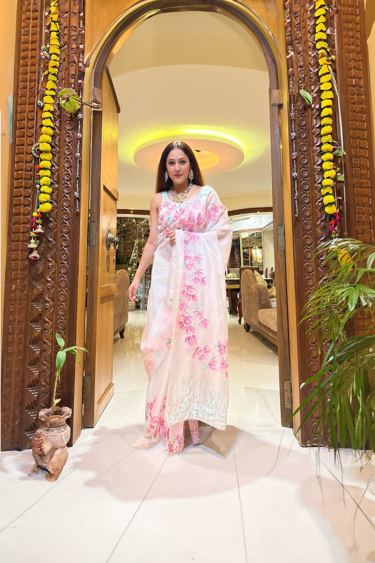 Organza Saree With Pink Floral Motifs