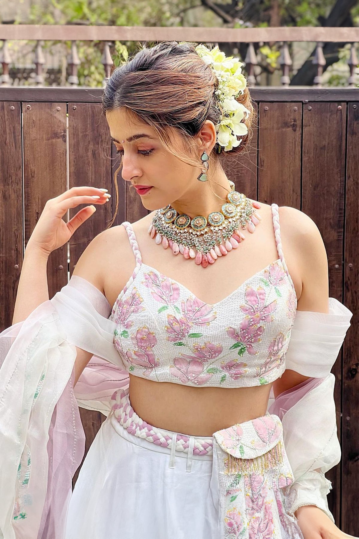 Ivory Handpainted Lehenga & Blouse With Pearl Latkans