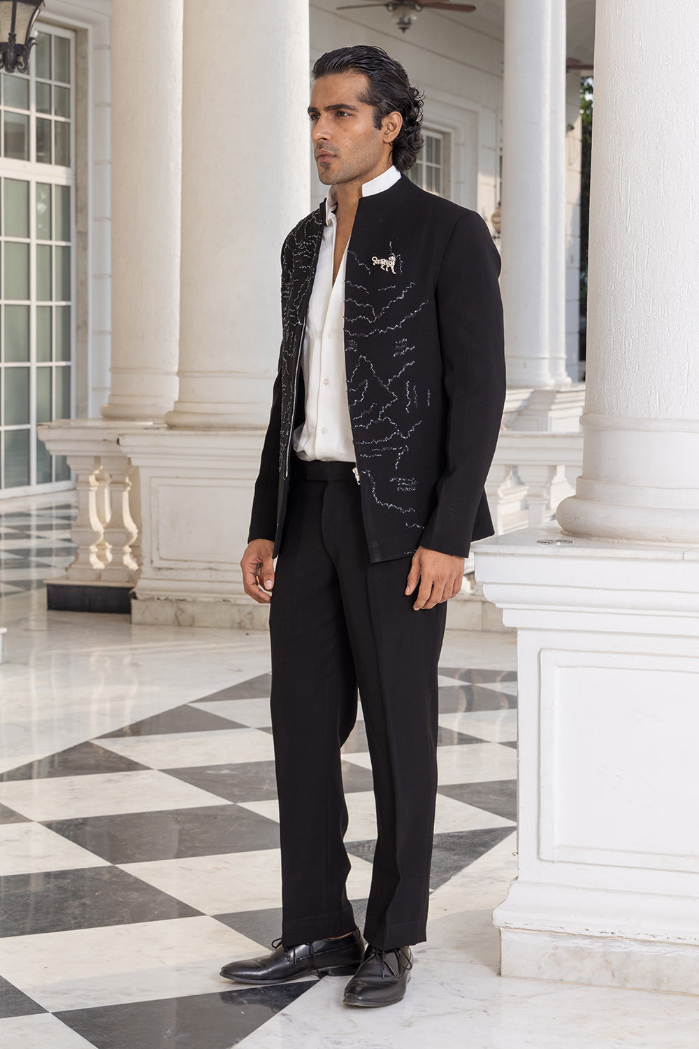 Zyren Black Embroidered Jacket Set with White Shirt