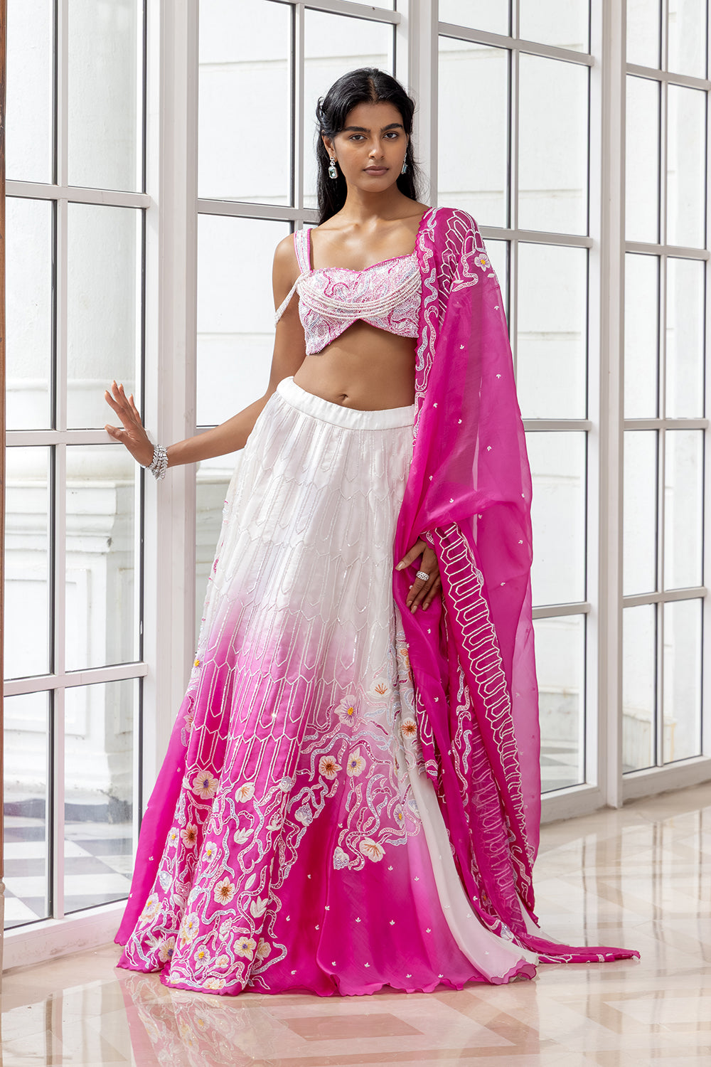 Blushen Pink-White Ombre Embroidered Skirt with Blouse and Matching Dupatta
