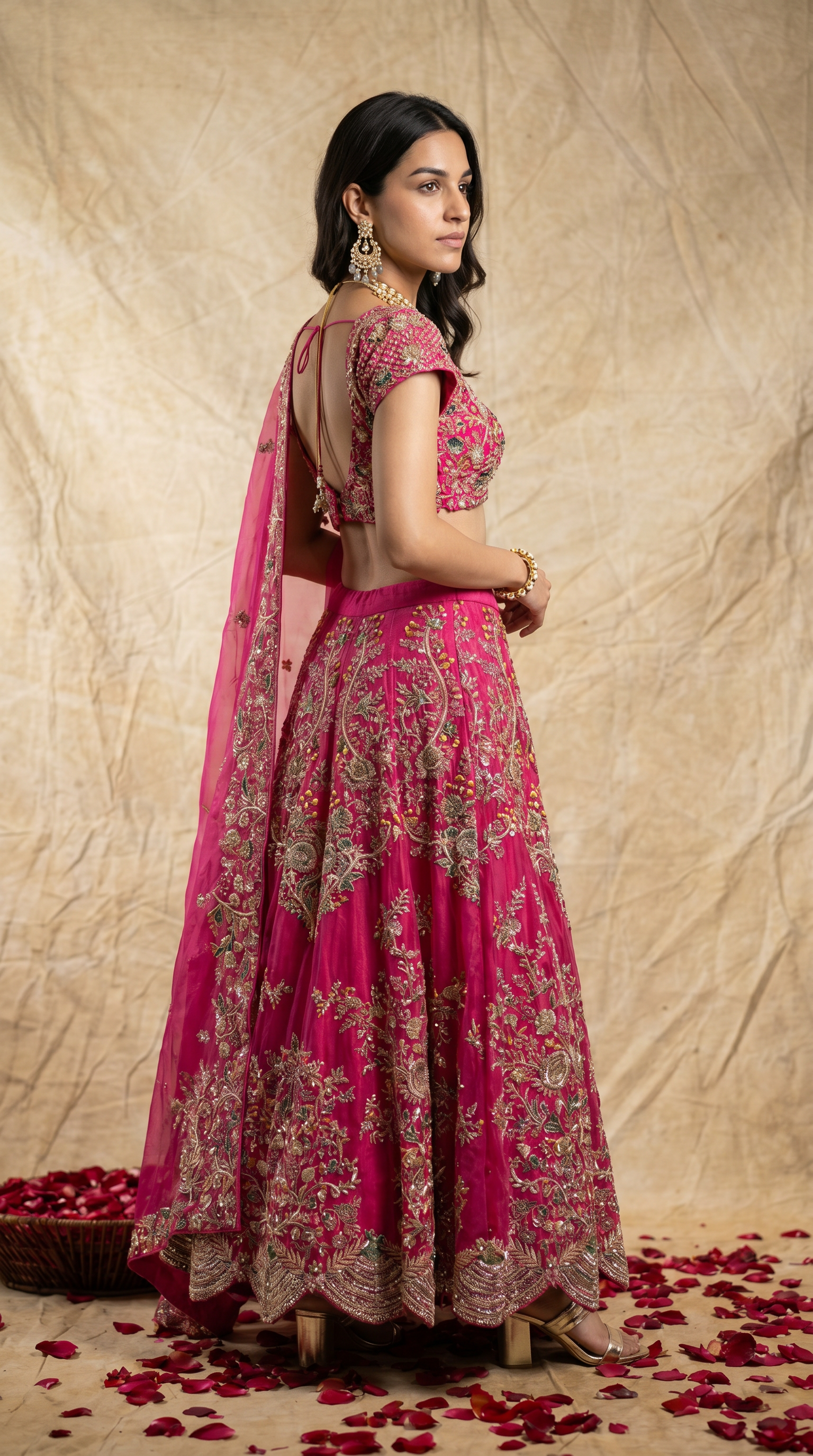 Hot Pink Floral Embroidered Bridal Lehenga Set