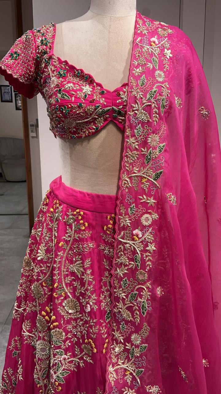 Hot Pink Floral Embroidered Bridal Lehenga Set