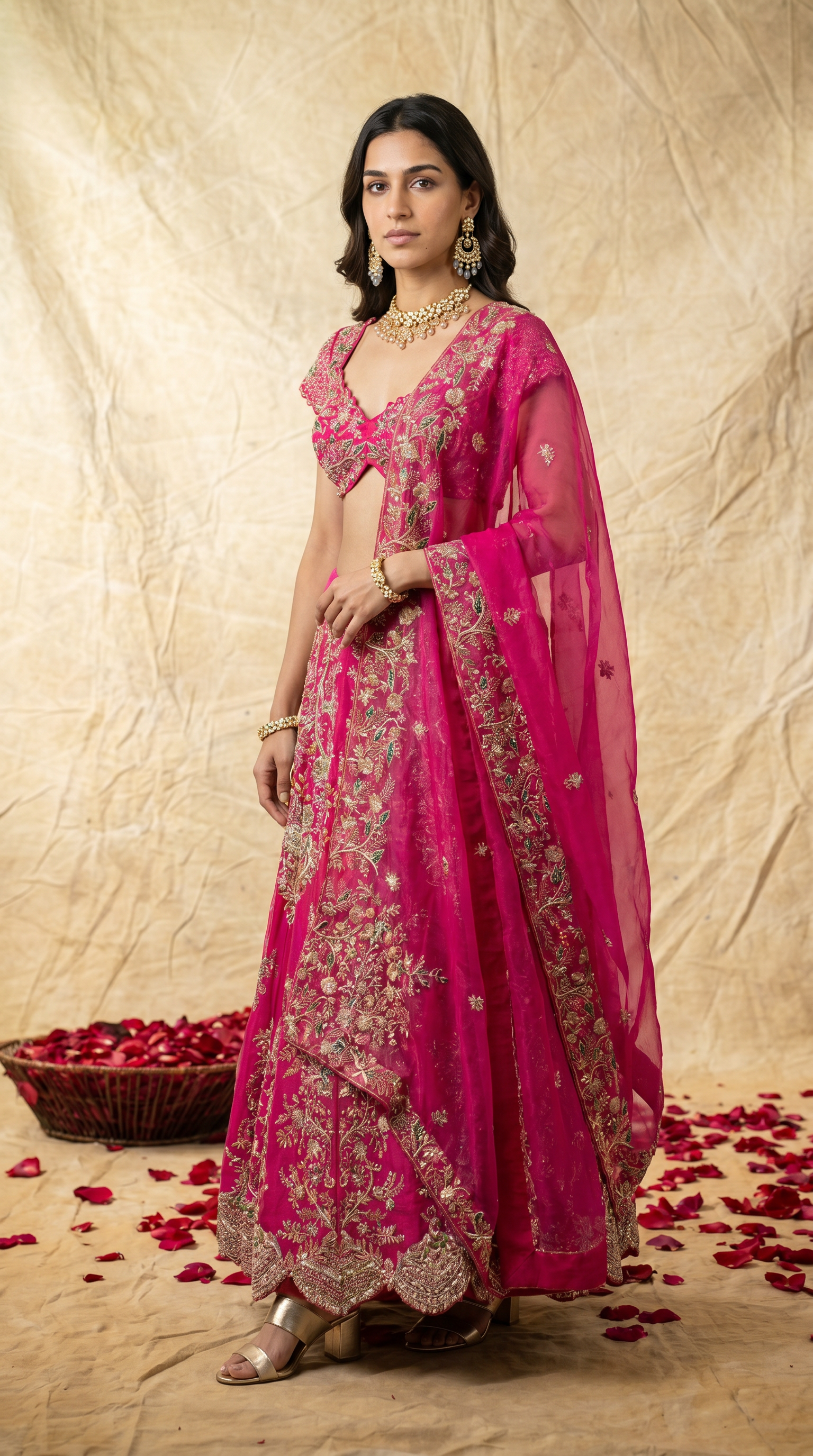 Hot Pink Floral Embroidered Bridal Lehenga Set