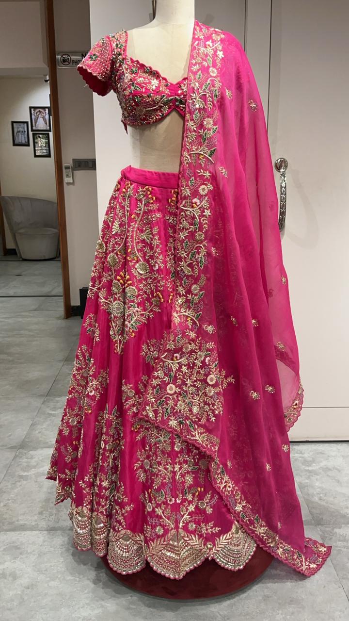 Hot Pink Floral Embroidered Bridal Lehenga Set