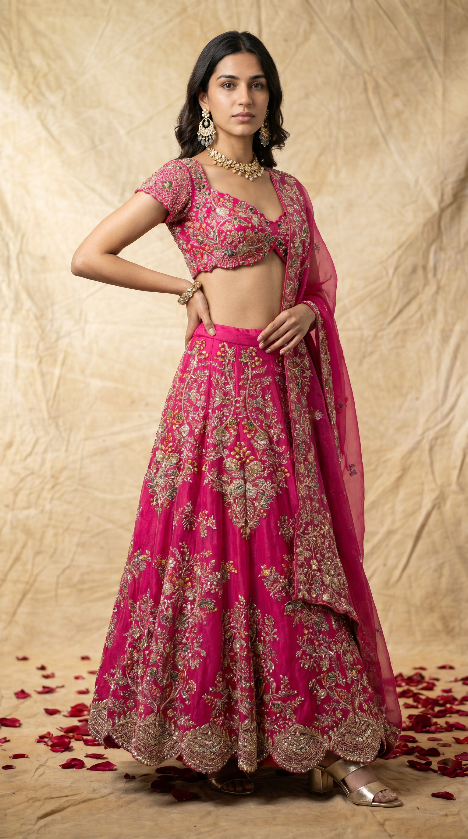 Hot Pink Floral Embroidered Bridal Lehenga Set