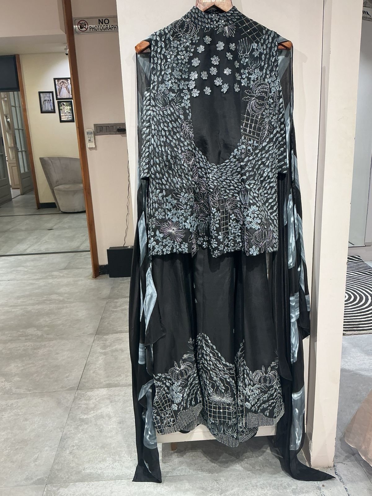 Black & Grey Printed Anarkali Set with Attached Cape Dupatta