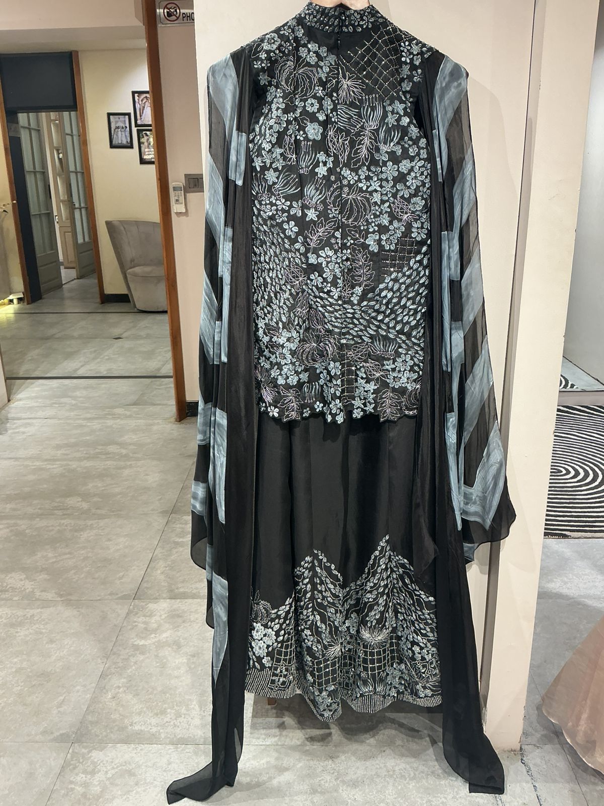 Black & Grey Printed Anarkali Set with Attached Cape Dupatta