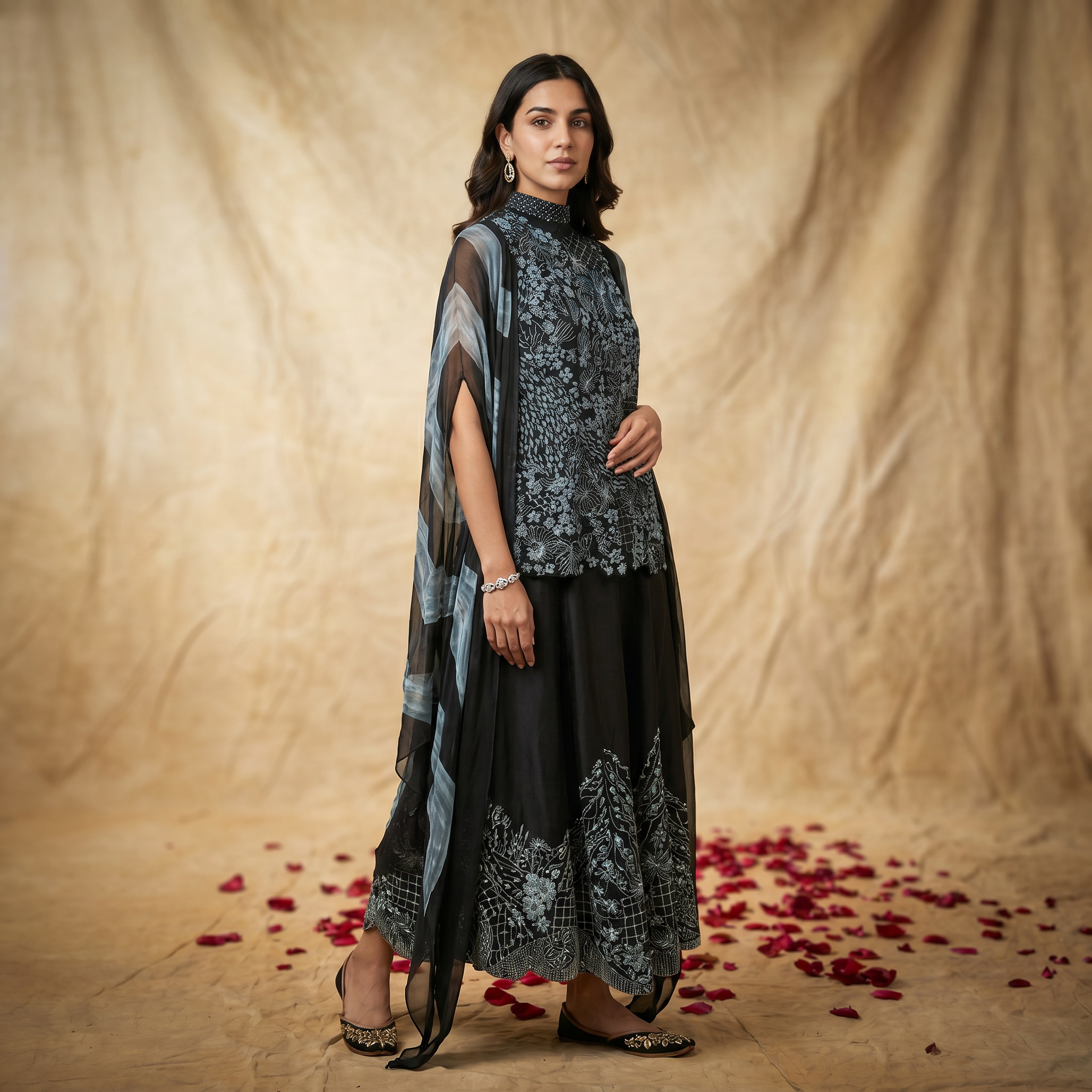 Black & Grey Printed Anarkali Set with Attached Cape Dupatta