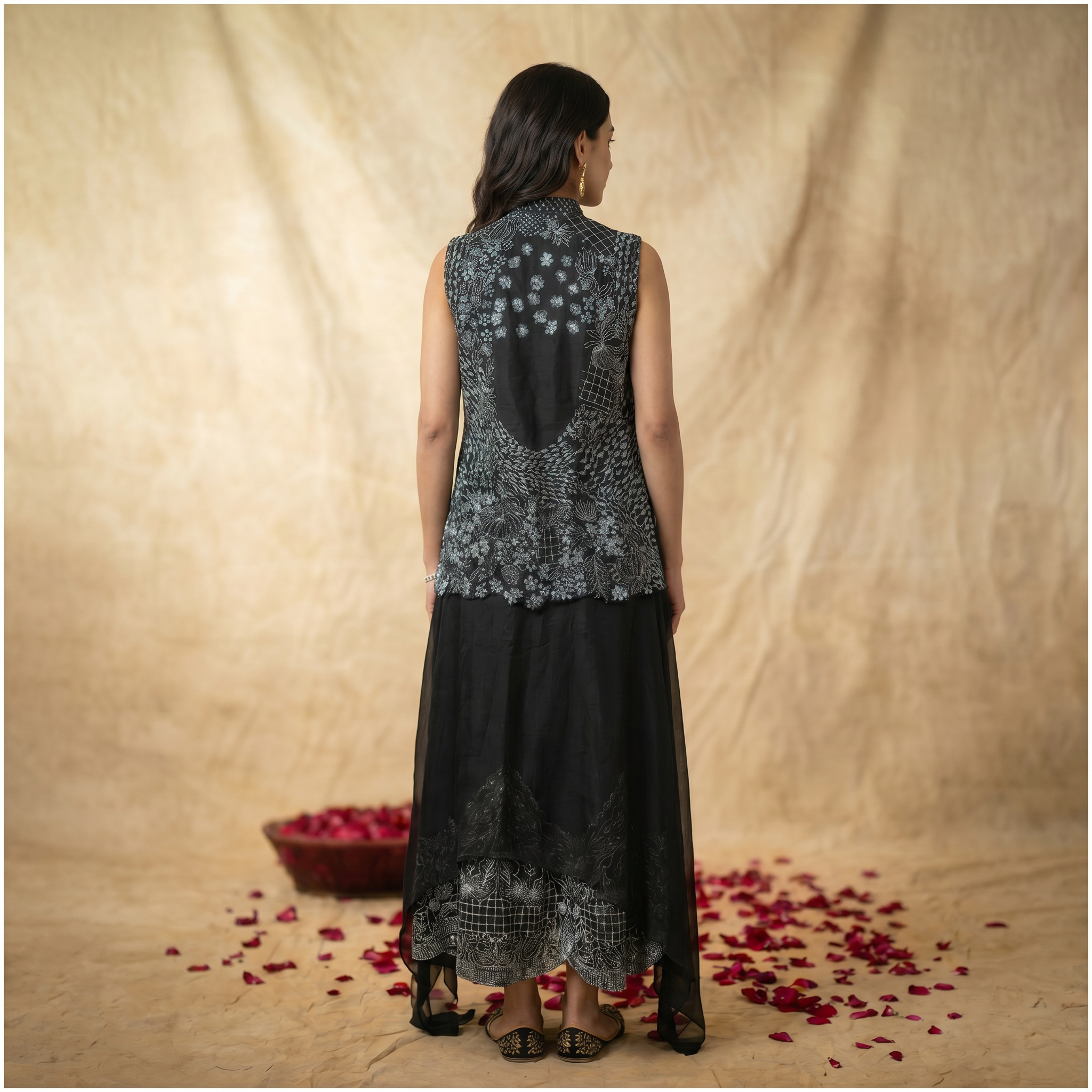 Black & Grey Printed Anarkali Set with Attached Cape Dupatta