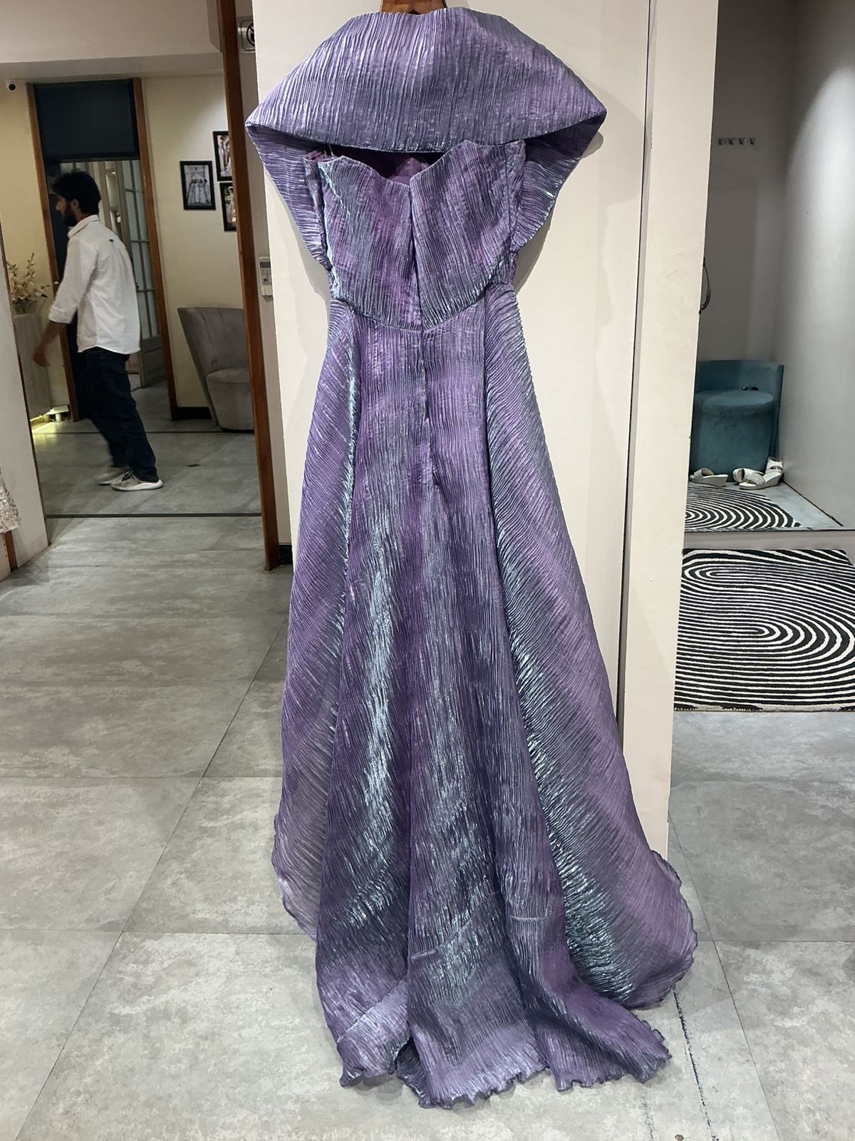 Purple Off-Shoulder Textured Gown with Cape Overlay