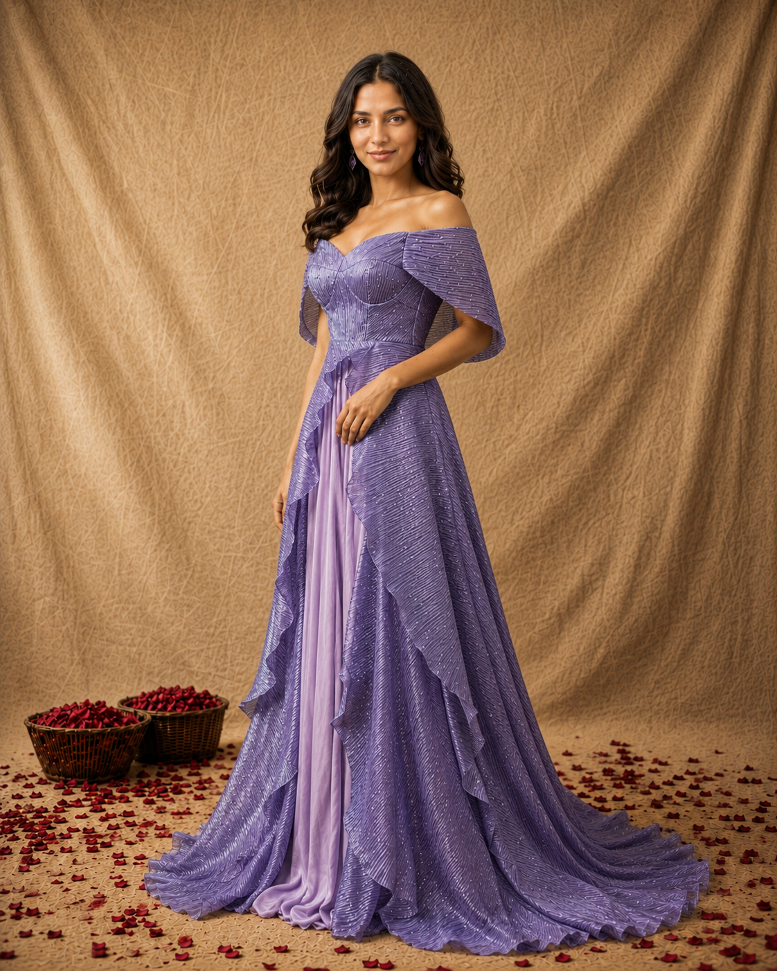 Purple Off-Shoulder Textured Gown with Cape Overlay