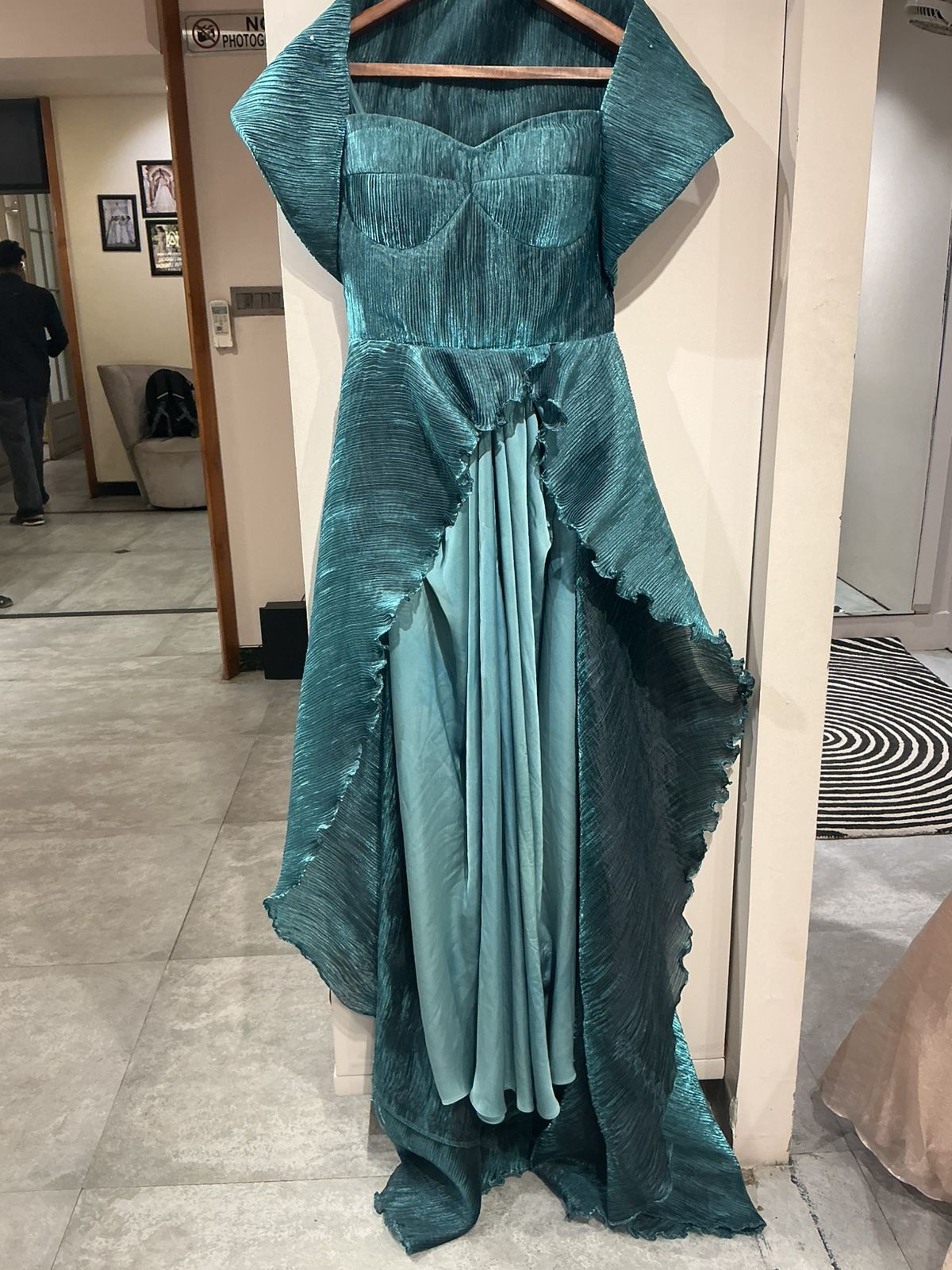 Teal Off-Shoulder Textured Gown with Cape Overlay