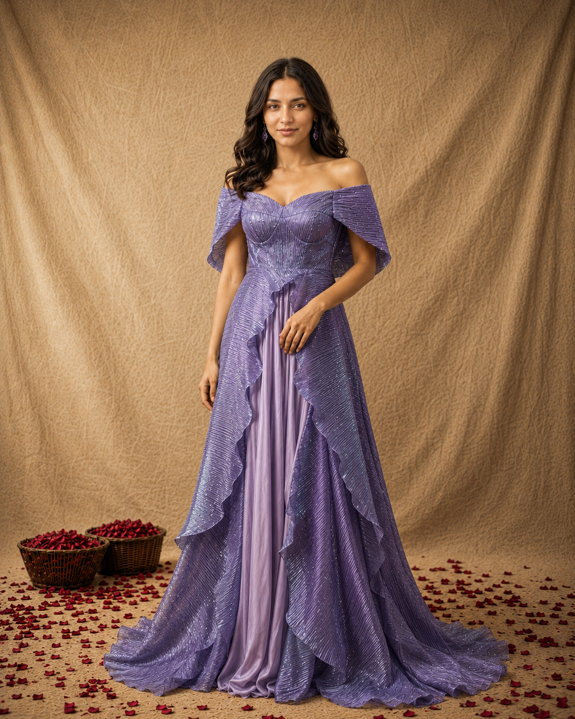 Purple Off-Shoulder Textured Gown with Cape Overlay
