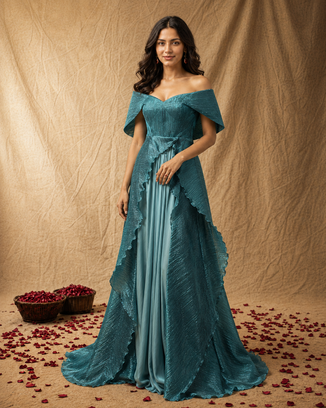 Teal Off-Shoulder Textured Gown with Cape Overlay