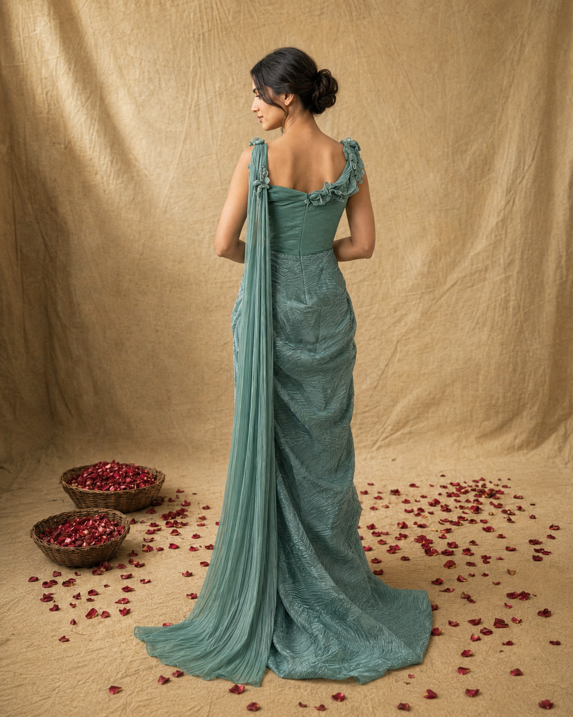 Sage Green Textured Mermaid Gown with 3D Floral Bodice