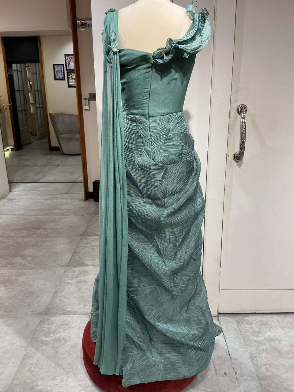 Sage Green Textured Mermaid Gown with 3D Floral Bodice