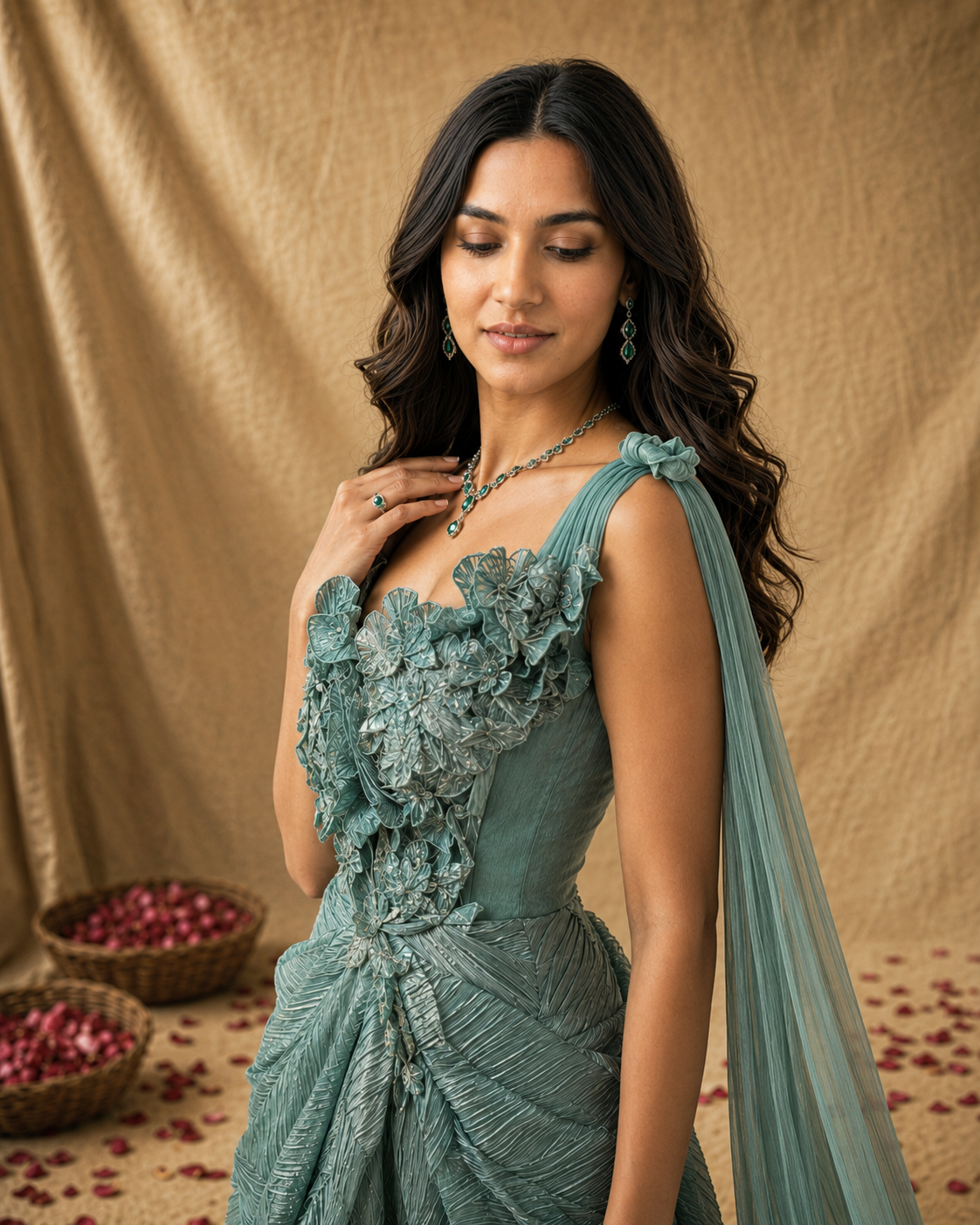 Sage Green Textured Mermaid Gown with 3D Floral Bodice