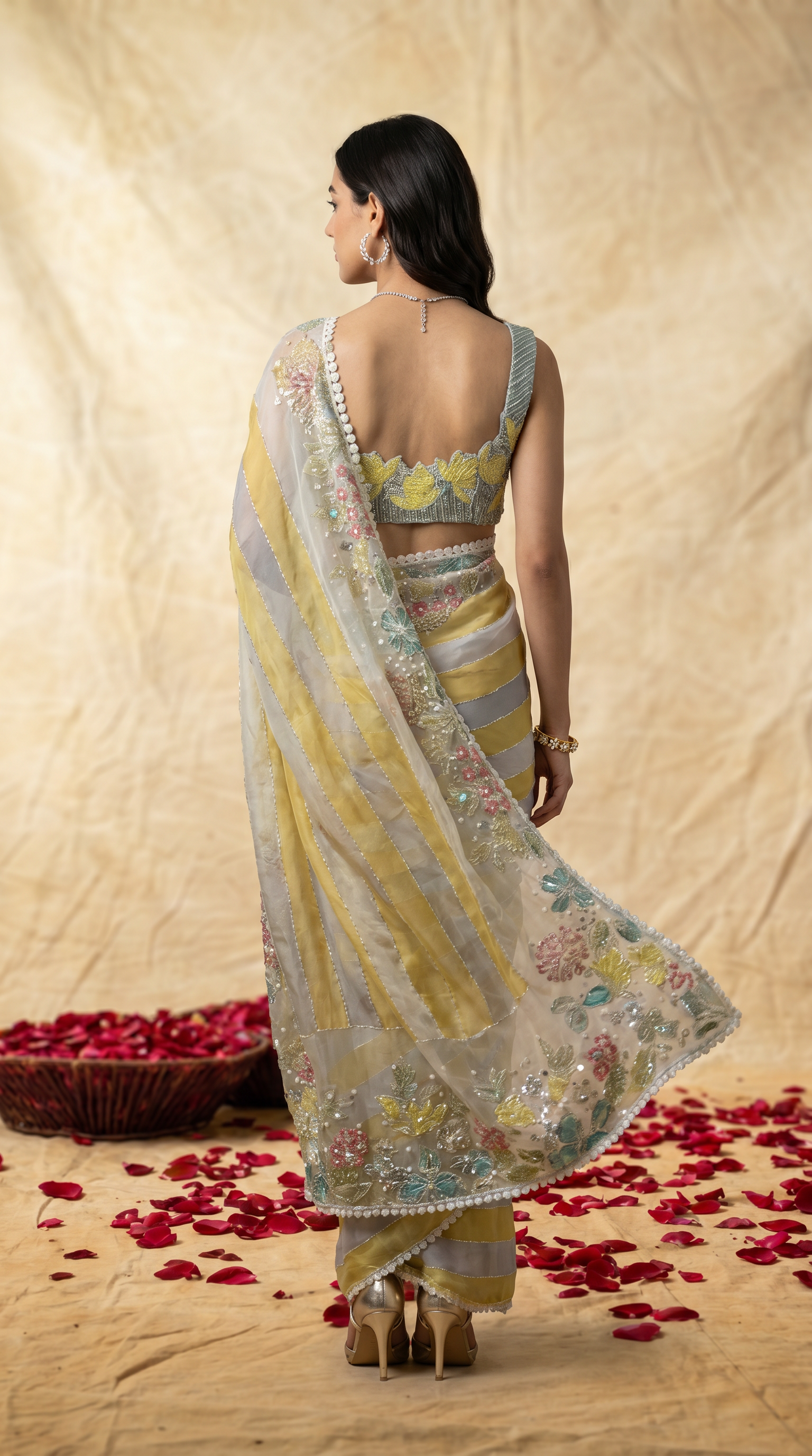 Grey-Yellow Ombre Striped Saree with Floral Embroidered Border