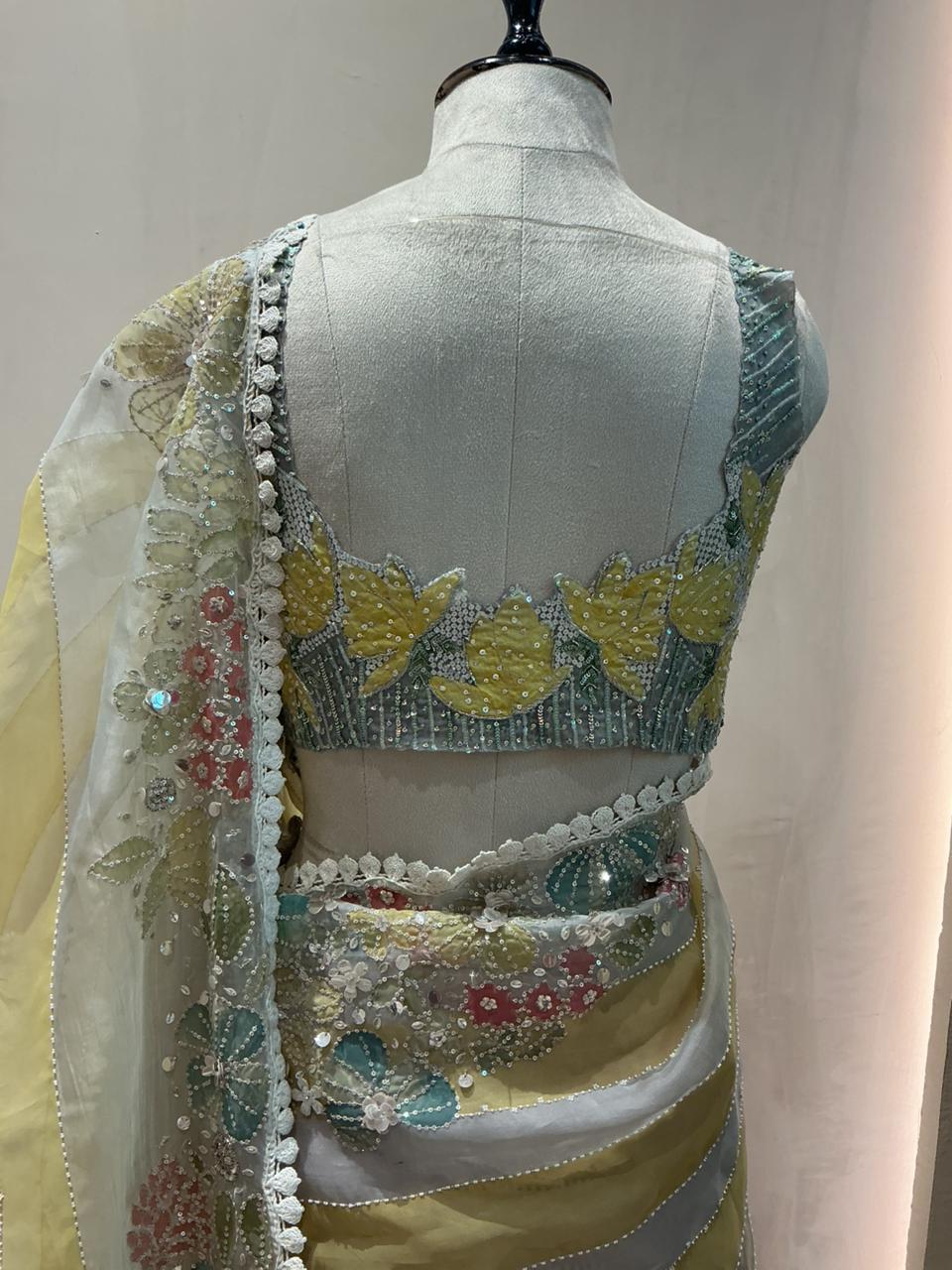 Grey-Yellow Ombre Striped Saree with Floral Embroidered Border