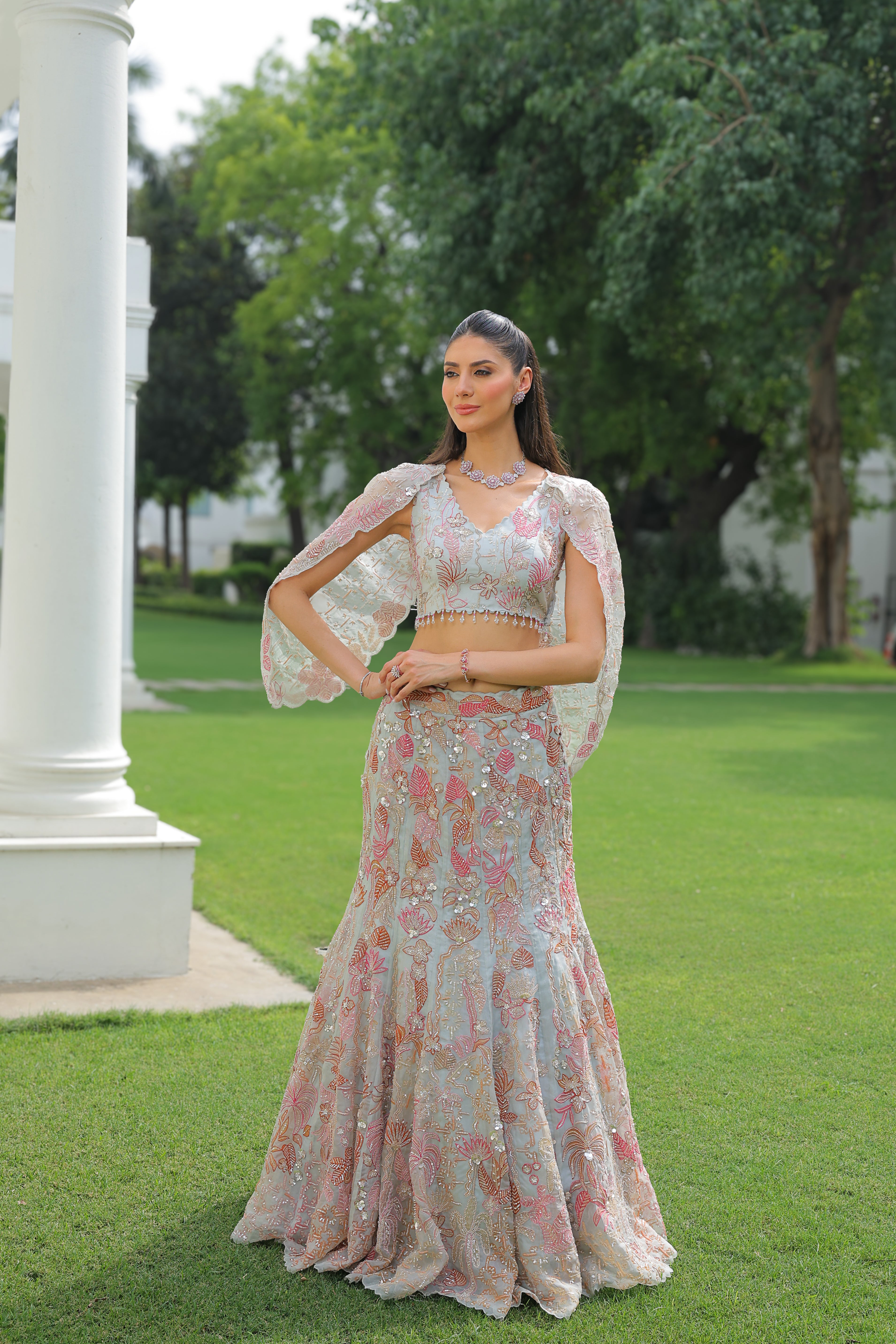 Powder Blue Multicolor Floral Embroidered Fishtail Lehenga Set