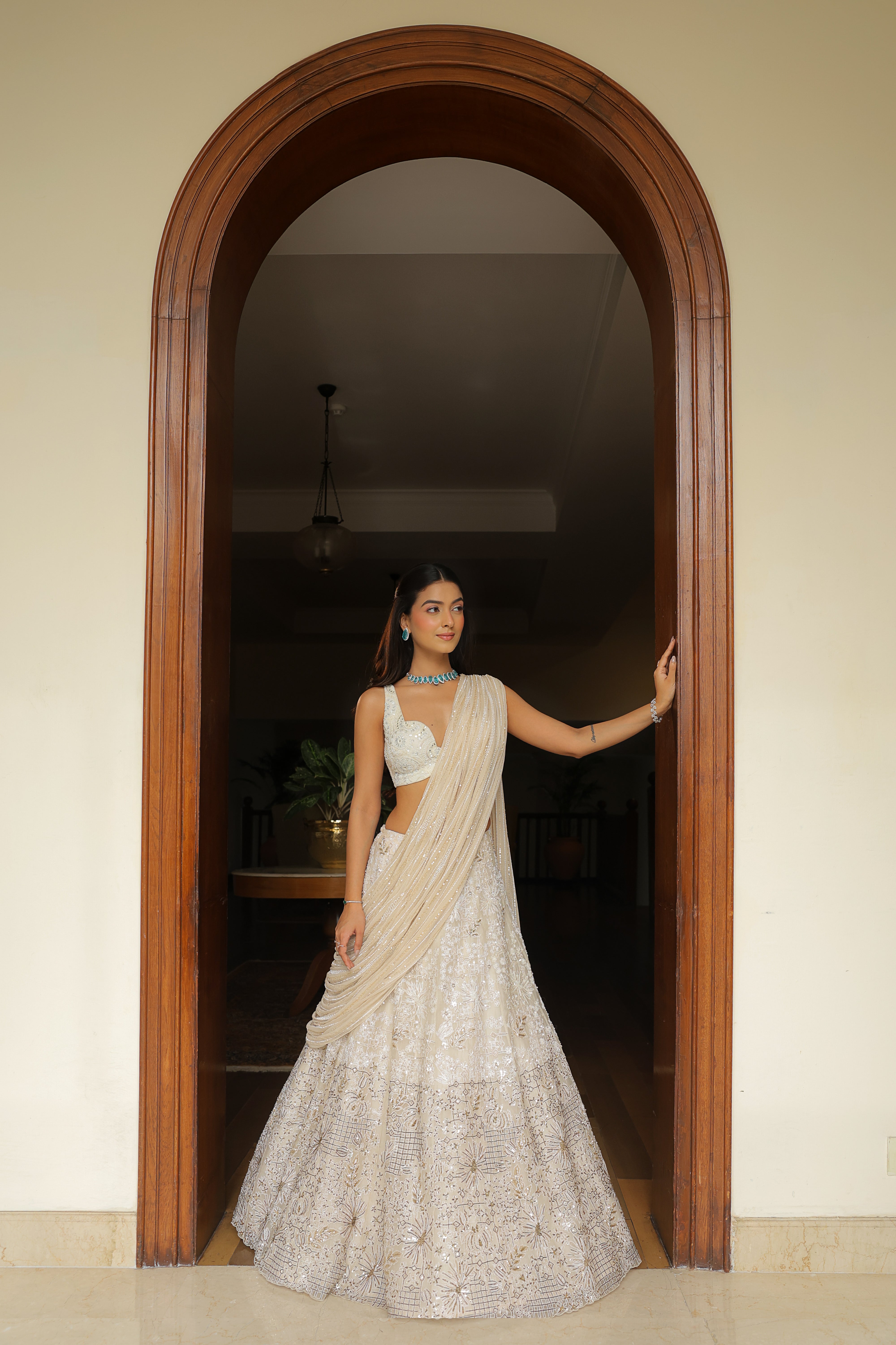 Ivory Sequin Embroidered Lehenga with Draped Dupatta